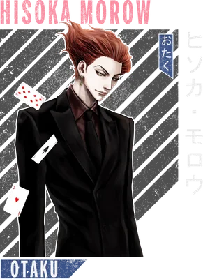 Hình ảnh nhân vật Hisoka Morow trong bộ suit đen, tóc đỏ, với các lá bài xung quanh.