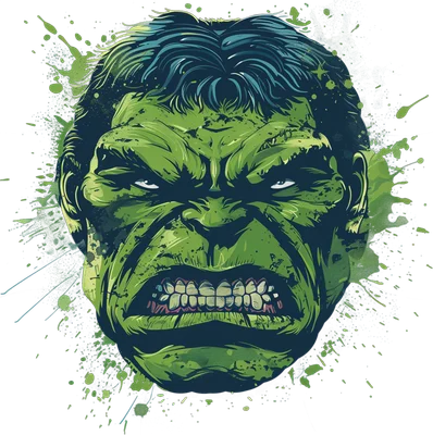 Hình minh họa đầu Hulk màu xanh lá cây với biểu cảm giận dữ, răng nghiến chặt, tóc đen, và hiệu ứng vệt sơn xanh.
