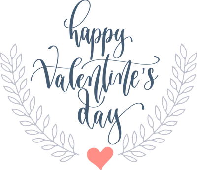 Chữ 'Happy Valentine's Day' viết tay màu xanh dương, viền lá trắng và trái tim hồng