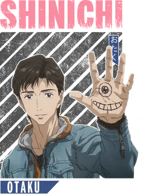 Hình ảnh nhân vật anime Shinichi Kuranosuke với ký hiệu mắt quỷ và miệng cười vẽ trên lòng bàn tay, mặc áo khoác denim.