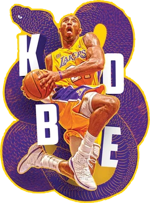 Hình ảnh Kobe Bryant trong trang phục Los Angeles Lakers đang chơi bóng rổ, với chữ KOBE và hình ảnh rắn Mamba bao quanh.