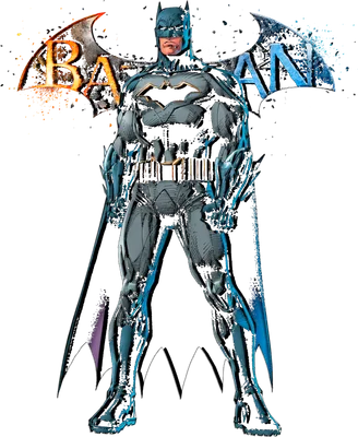 Hình ảnh Batman đứng với cánh dơi cách điệu, một bên có hiệu ứng lửa, một bên có hiệu ứng băng.