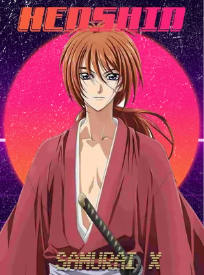 Hình ảnh Kenshin Himura từ Samurai X với phong cách retro, nền màu hồng và tím.