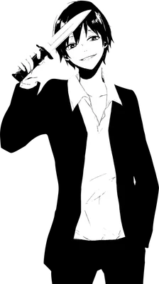 Hình vẽ anime đen trắng một chàng trai mặc vest, tay cầm dao đặt trên trán, nở nụ cười bí ẩn.