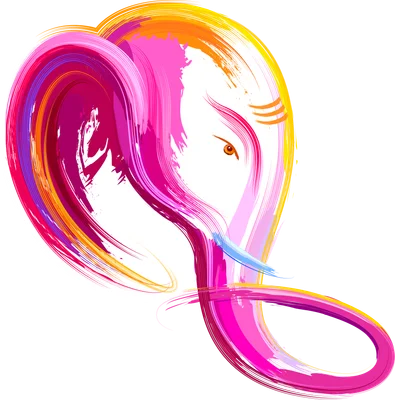 Hình ảnh thần Ganesha với phong cách vẽ màu nước trừu tượng, sử dụng các nét cọ màu hồng, vàng, cam, tím.