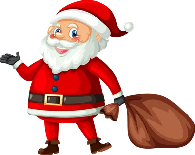 Hình vẽ Ông Già Noel hoạt hình mặc đồ đỏ, đội mũ, râu trắng, vẫy tay và mang theo túi quà lớn màu nâu.