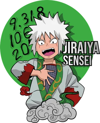 Hình vẽ chibi Jiraiya Sensei từ Naruto, tóc trắng, biểu cảm ngạc nhiên, mặc áo truyền thống, có chữ JIRAIYA SENSEI.