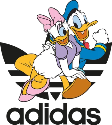 Hình ảnh Donald Duck và Daisy Duck ôm nhau, phía sau là logo Adidas.