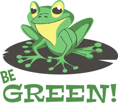 Hình ảnh minh họa chú ếch xanh hoạt hình dễ thương ngồi trên lá sen, có chữ 'BE GREEN!'