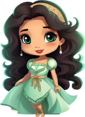 Hình vẽ công chúa chibi mắt xanh to tròn, tóc nâu dài, mặc váy xanh ngọc bồng bềnh, phong cách hoạt hình dễ thương.
