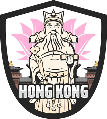 Hình ảnh ông Thần Tài Hồng Kông hoạt hình, râu dài, đội mũ, cầm gậy và cuộn giấy, nền hoa sen và kiến trúc cổ, trong huy hiệu.