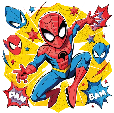 Hình ảnh hoạt hình Người Nhện đang bay lượn với các biểu tượng "PAN" và "BAM", cùng với các mặt nạ khác.