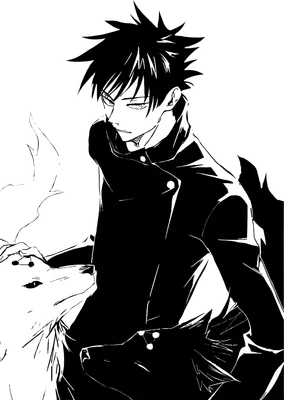 Hình vẽ anime đen trắng một chàng trai với mái tóc nhọn và một chú chó trắng đang nhìn lên anh ta.