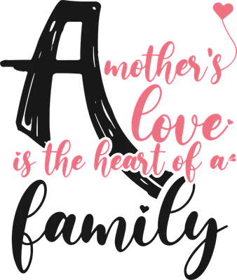 Chữ 'A mother's love is the heart of a family' với chữ A lớn màu đen và các chữ còn lại màu hồng trên nền xám.