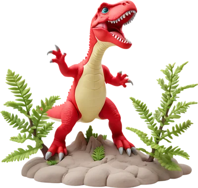 Hình ảnh khủng long bạo chúa T-Rex màu đỏ hoạt hình đứng trên nền đất với cây dương xỉ xanh.