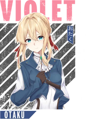 Hình ảnh cô gái anime tóc vàng, mắt xanh, mặc áo khoác xanh, với chữ VIOLET và OTKU