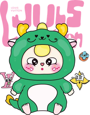 Hình vẽ hoạt hình chibi nhân vật mặc trang phục rồng xanh lá, mắt to long lanh, má hồng, trên nền xám với logo Louis Vuitton.