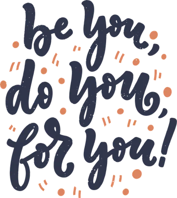 Hình ảnh chữ viết tay 'be you, do you, for you!' màu xanh đậm trên nền xám, trang trí chấm tròn và gạch ngang màu cam.