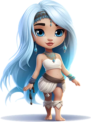 Hình minh họa cô gái chibi tóc xanh mắt biếc, trang phục thổ dân trắng, phụ kiện xanh ngọc, phong cách hoạt hình dễ thương.