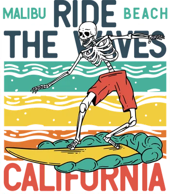 Hình minh họa bộ xương lướt sóng trên ván, với chữ Malibu, Ride The Waves, Beach, California, phong cách retro.