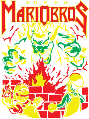 Hình ảnh Mario Bros và Bowser trong trận chiến lửa, có chữ Super Mario Bros.