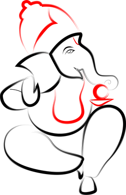 Hình vẽ tối giản Thần Ganesha đầu voi với nét vẽ đen và đỏ trên nền xám.