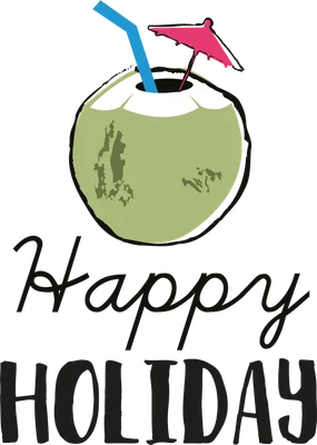 Hình ảnh minh họa dừa tươi Happy Holiday với ô dù màu hồng và ống hút xanh trên nền xám.