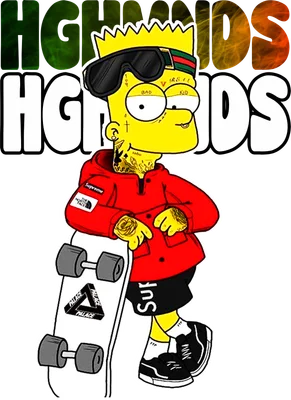 Hình ảnh Bart Simpson mặc đồ hiphop, đeo kính râm, cầm ván trượt, có hình xăm.
