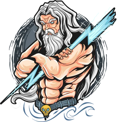 Hình minh họa thần Zeus cơ bắp cầm tia sét phong cách hoạt hình sắc nét