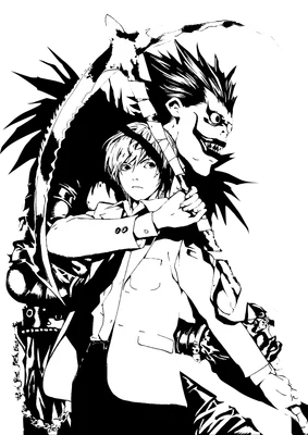 Hình ảnh minh họa phong cách anime đen trắng nhân vật Light Yagami và thần chết Ryuk từ Death Note, với Ryuk cầm lưỡi hái.