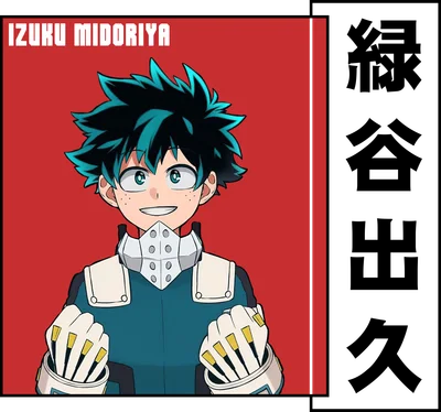 Hình vẽ nhân vật Izuku Midoriya với mái tóc xanh lá cây, mặc trang phục anh hùng, cười tươi và giơ nắm đấm.