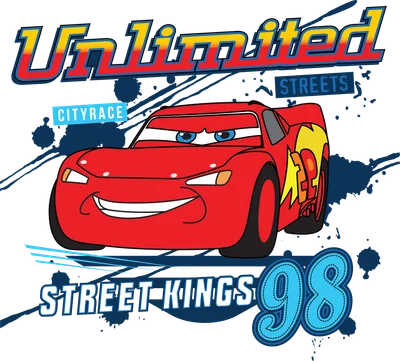 Hình ảnh xe đua Lightning McQueen màu đỏ với biểu cảm vui vẻ, có chữ 'Unlimited Streets' và 'Street Kings 98'.