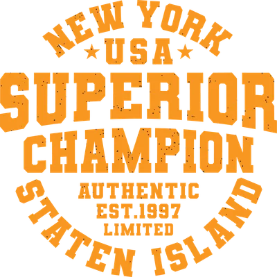 Thiết kế chữ "New York USA Superior Champion Authentic Est.1997 Limited Staten Island" màu cam trên nền xám.