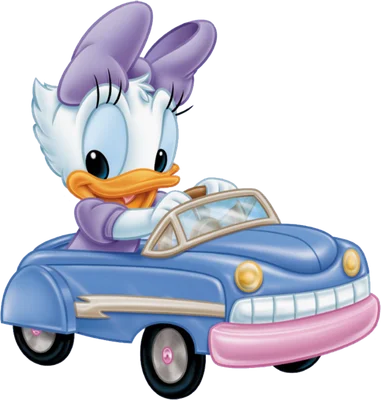 Hình ảnh hoạt hình vịt Daisy Duck của Disney đang lái chiếc xe hơi màu xanh dương và hồng, với nơ tím trên đầu.