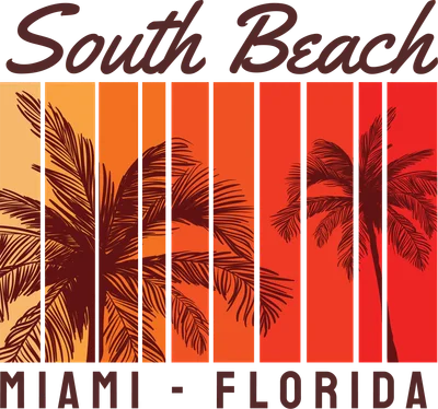 Hình in phong cách retro với cây cọ, hoàng hôn cam đỏ và chữ South Beach Miami Florida