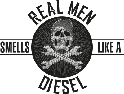 Hình ảnh đầu lâu đội mũ len, hai cờ lê bắt chéo, với dòng chữ 'Real Men Smells Like A Diesel' bao quanh, phong cách thiết kế đồ họa.