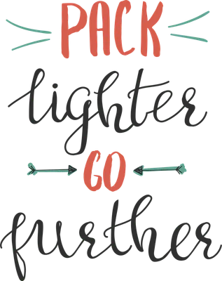 Hình ảnh chữ viết tay "Pack Lighter Go Further" với các mũi tên và dấu gạch ngang trang trí.