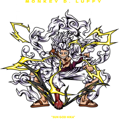 Hình ảnh Monkey D. Luffy trong trạng thái Thần Mặt Trời Nika, bao quanh bởi mây trắng và tia sét vàng.
