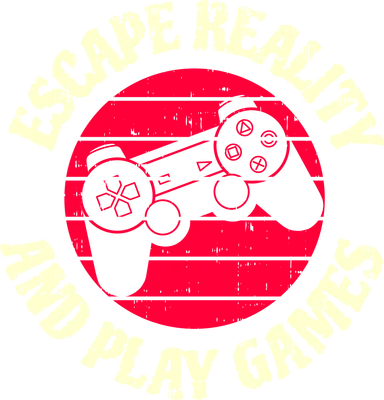 Hình minh họa tay cầm chơi game với dòng chữ 'ESCAPE REALITY AND PLAY GAMES' theo phong cách vintage, màu đỏ và kem trên nền xám.