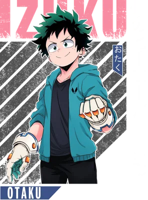 Nhân vật Izuku Midoriya từ anime My Hero Academia, mặc áo hoodie xanh, đeo găng tay, biểu cảm tự tin.