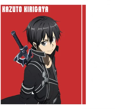Hình vẽ nhân vật Kirito Kirigaya từ Sword Art Online, mặc trang phục đen, đeo kiếm sau lưng, trên nền đỏ.