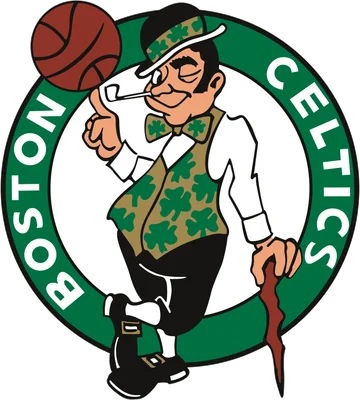 Logo Boston Celtics với hình ảnh người đàn ông vui vẻ đội mũ, hút tẩu, cầm gậy, và quả bóng rổ.
