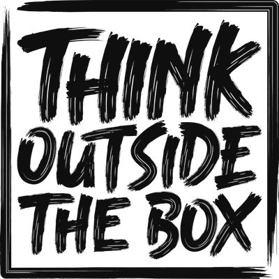 Hình ảnh chữ 'Think Outside The Box' màu đen với hiệu ứng cọ vẽ, nằm trong khung viền nét cọ trên nền xám.