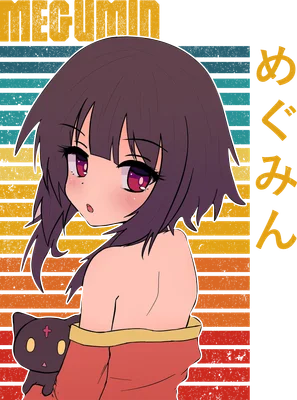 Hình ảnh cô gái anime Megumin với mái tóc tím, mắt hồng, mặc áo choàng đỏ, bên cạnh là chú mèo đen dễ thương, trên nền sọc màu retro.
