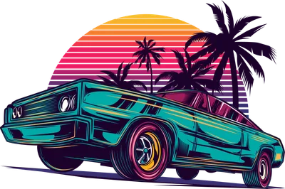 Hình minh họa xe cổ màu xanh ngọc bích với phong cách retro, có cây cọ và hoàng hôn sọc màu phía sau.