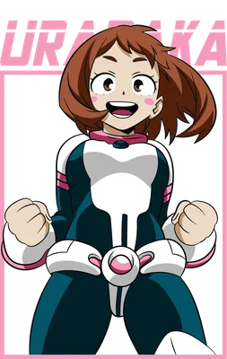 Hình ảnh nhân vật anime Ochaco Uraraka trong trang phục anh hùng, cười tươi, hai tay nắm chặt.