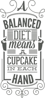 Thiết kế chữ "A BALANCED DIET MEANS A CUPCAKE IN EACH HAND" với hình ảnh bánh cupcake hai bên.