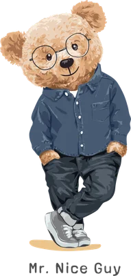 Hình ảnh chú gấu Teddy màu nâu đeo kính, mặc áo sơ mi xanh và quần jean, đứng nghiêng đầu, phong cách Mr. Nice Guy.