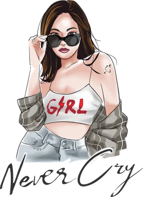 Hình vẽ cô gái trẻ sành điệu đeo kính râm, mặc áo crop top có chữ "GIRL" và quần jean, với dòng chữ "Never Cry" bên dưới.