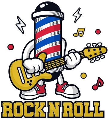 Hình ảnh minh họa cây kéo barber với cánh tay và chân, đang chơi đàn guitar điện, với chữ 'ROCK N ROLL' bên dưới.